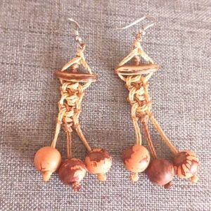 Funky Boho Retro Macrame Natural Beaded Earrings - Pre-loved (3")